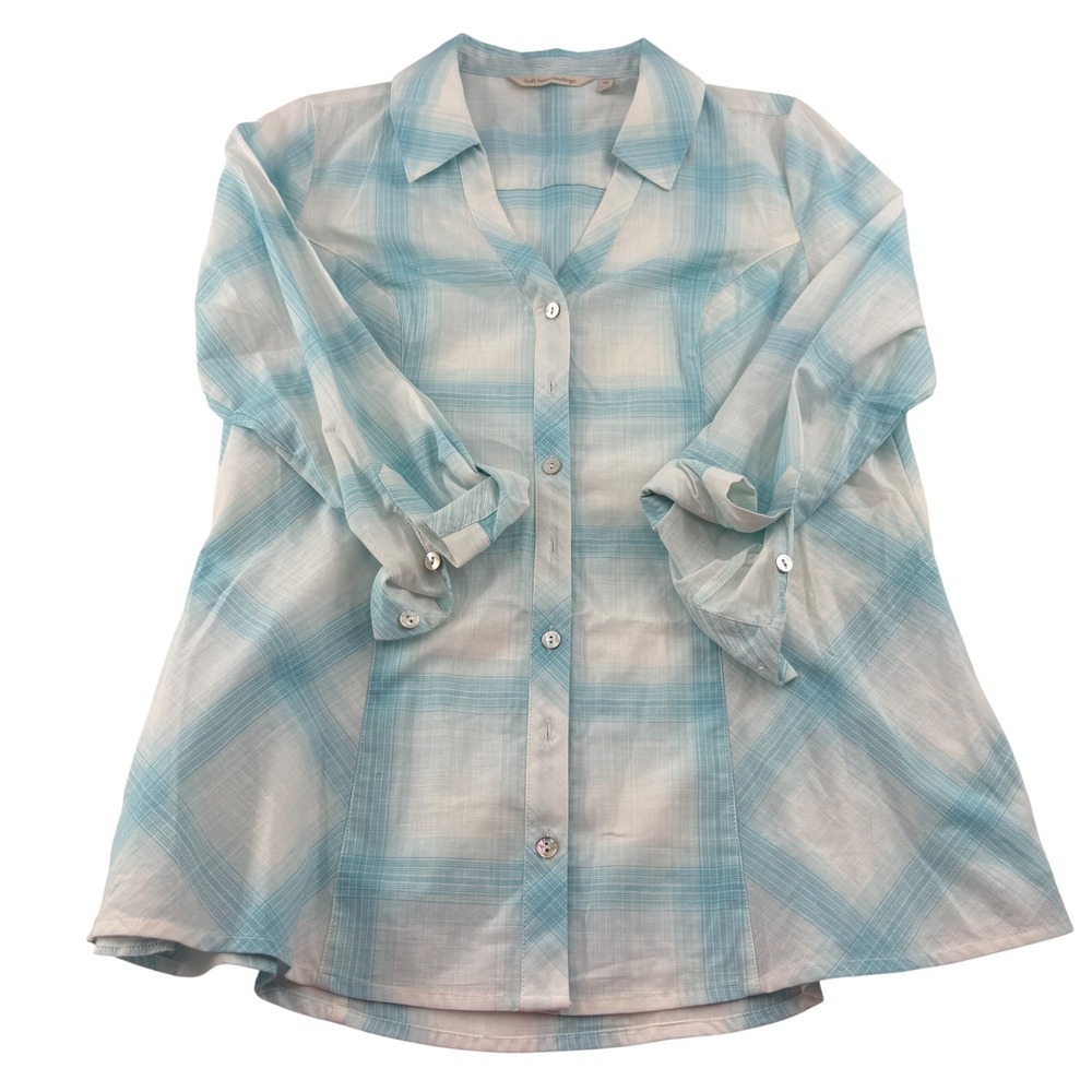 Soft Surroundings Plaid Tunic Shirt Top Blue White PS Roll Tab Sleeve‎